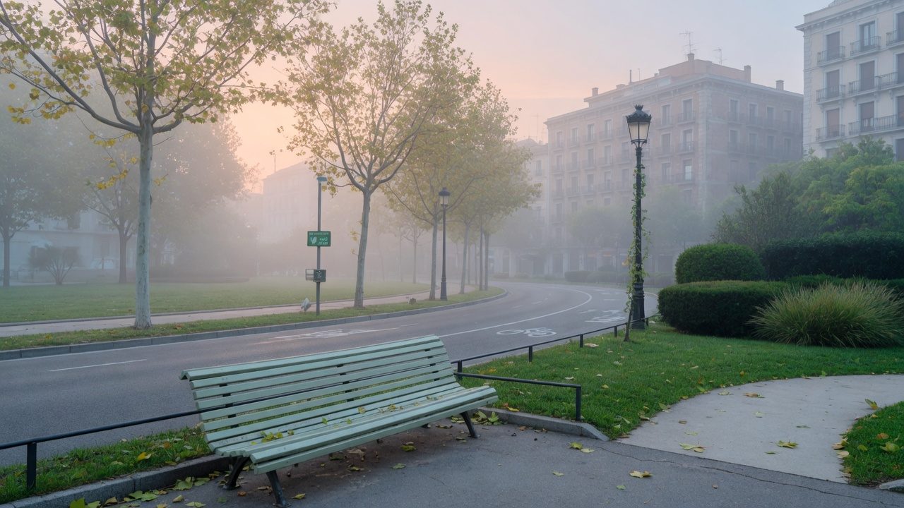 Quiet tree-lined city street in soft morning light