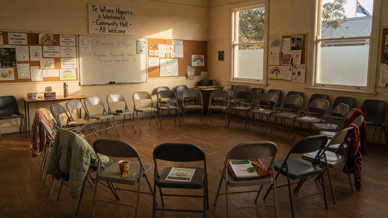 Community hall chairs in a quiet circle