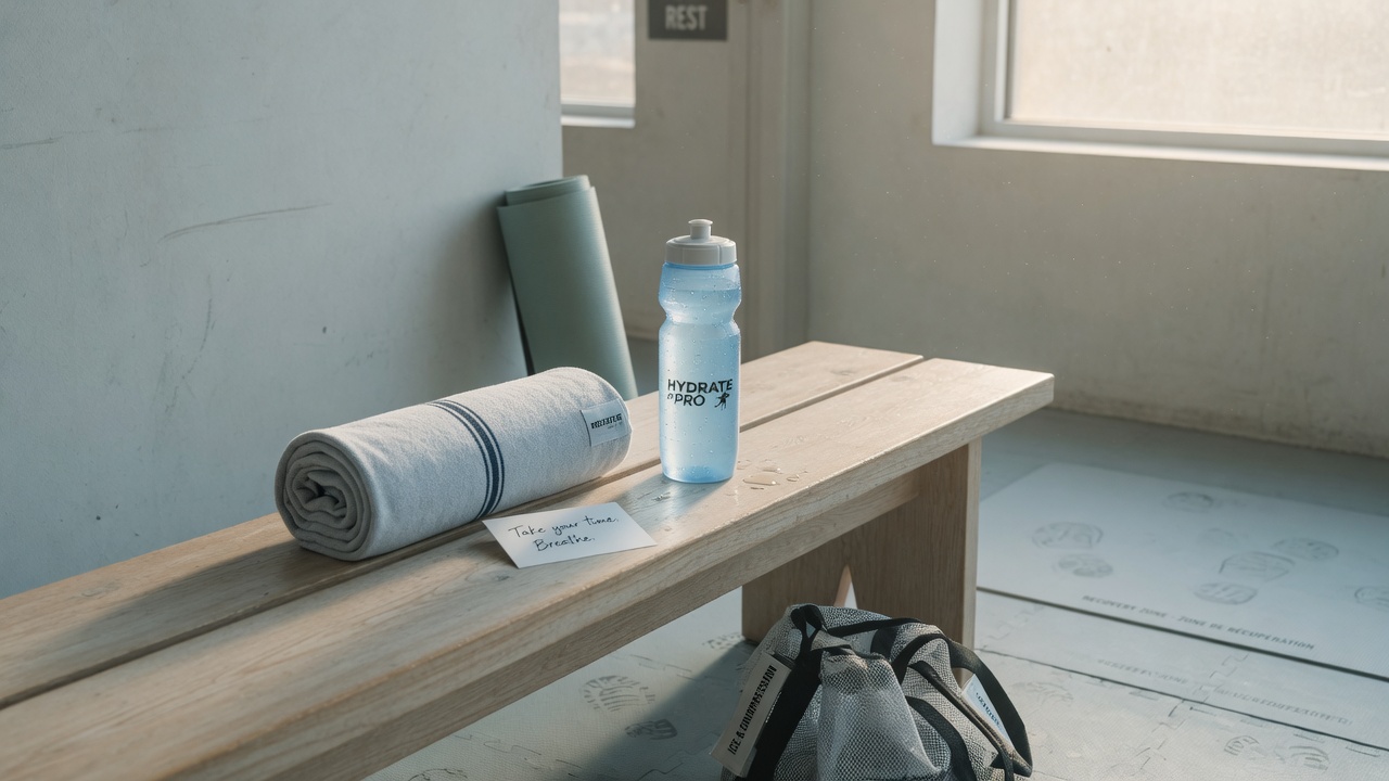 Athlete recovery space with towel and water
