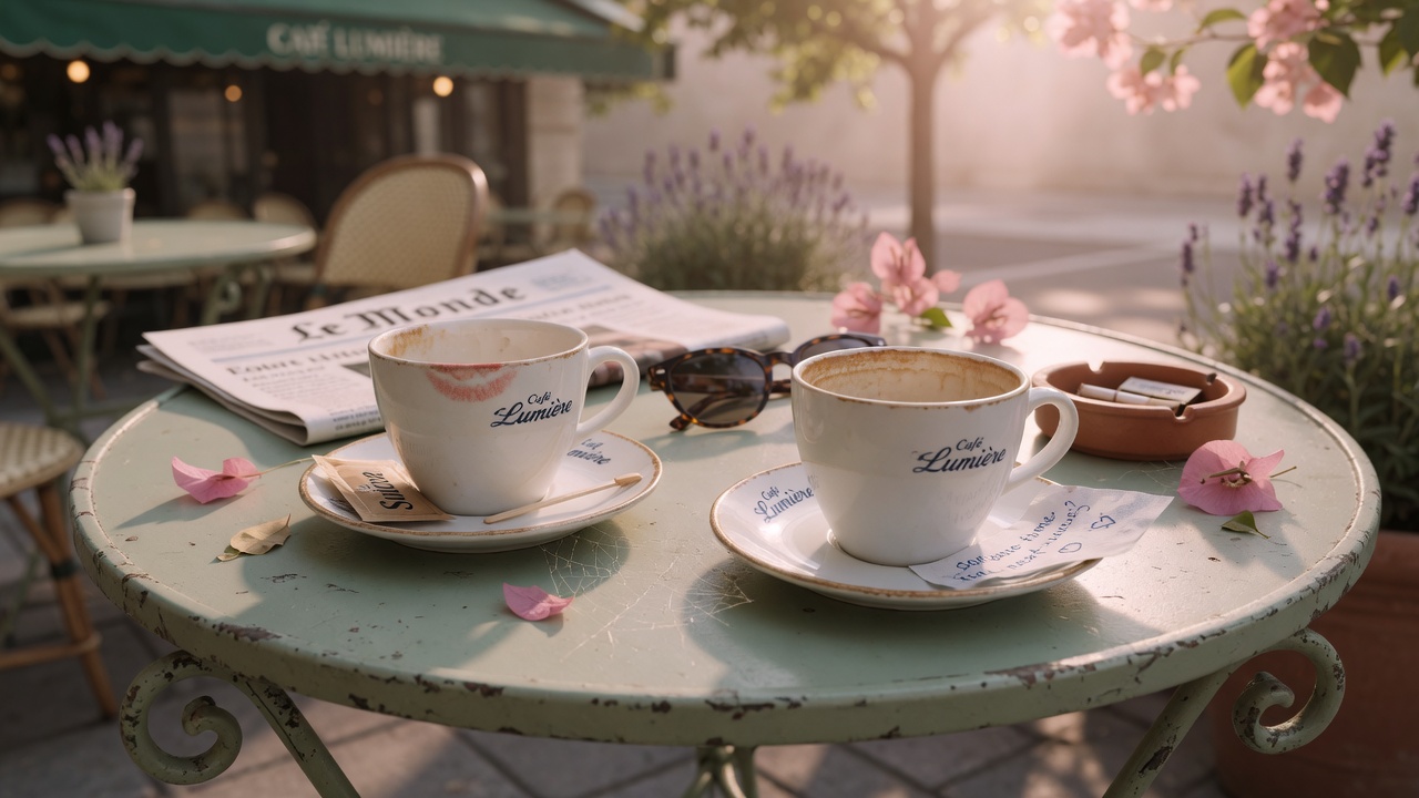 Two coffee cups on an outdoor café table