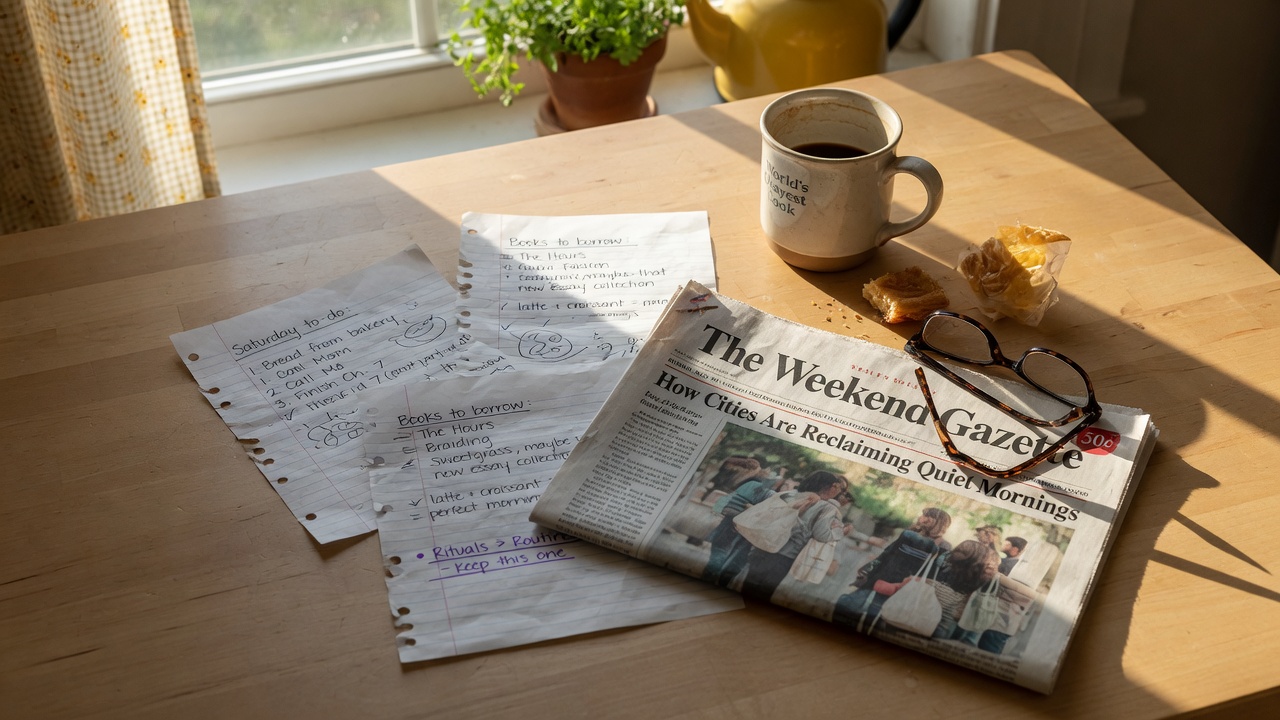 Newspaper and notes on a sunlit table