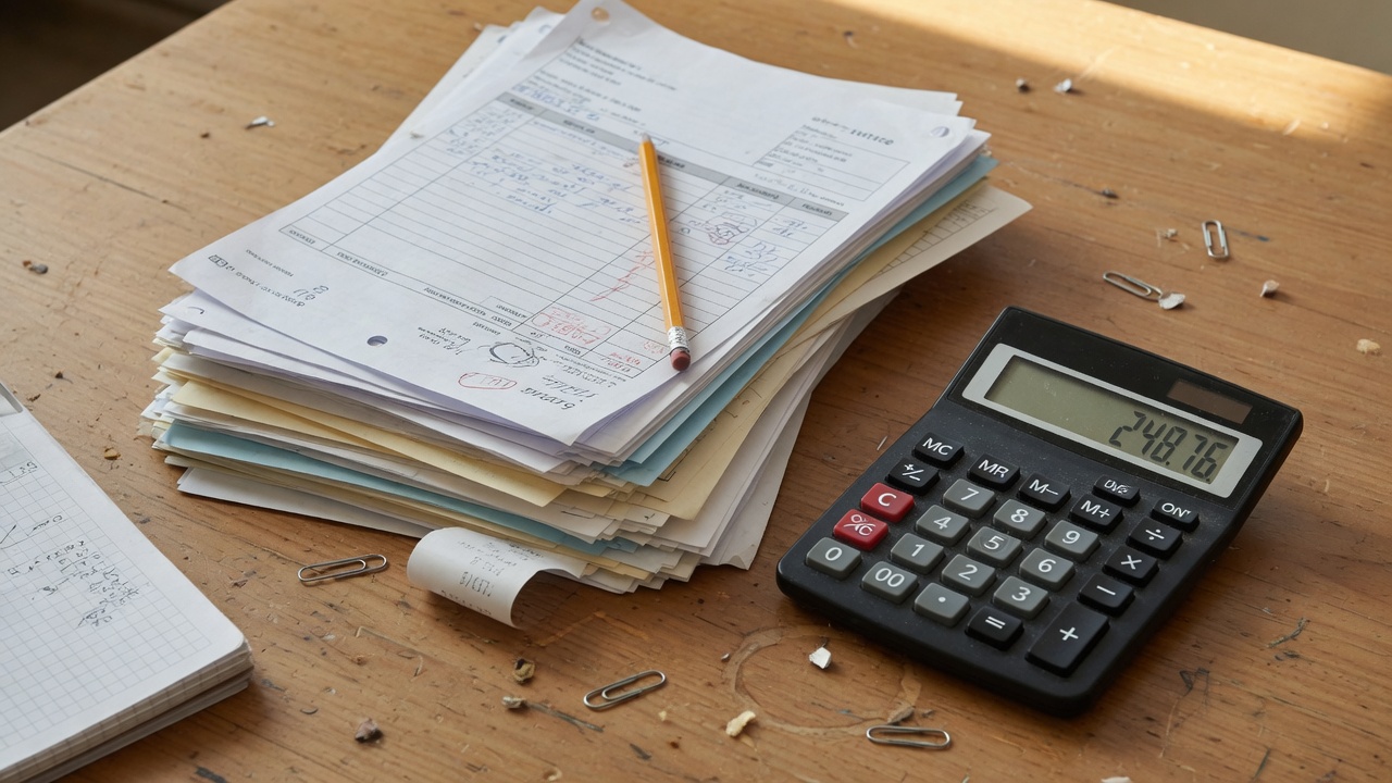 Desk with bills and calculator