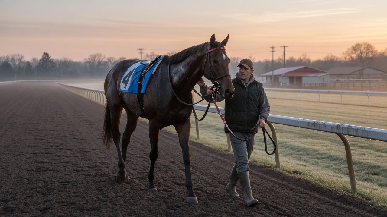 Thoroughbred with handler on a quiet morning
