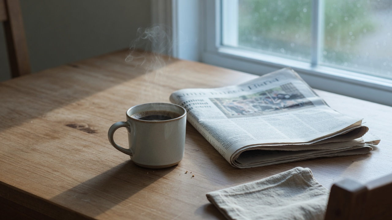 Coffee and weekend paper by a window