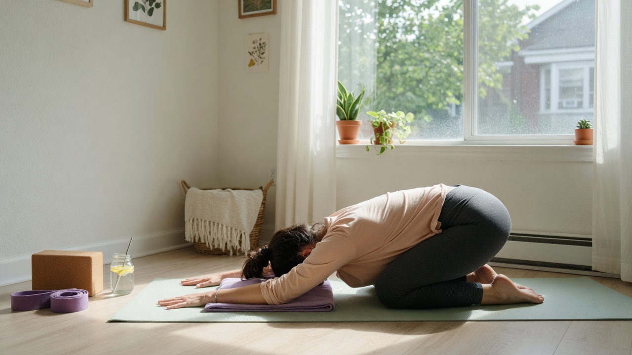 Calm home yoga practice space by a window
