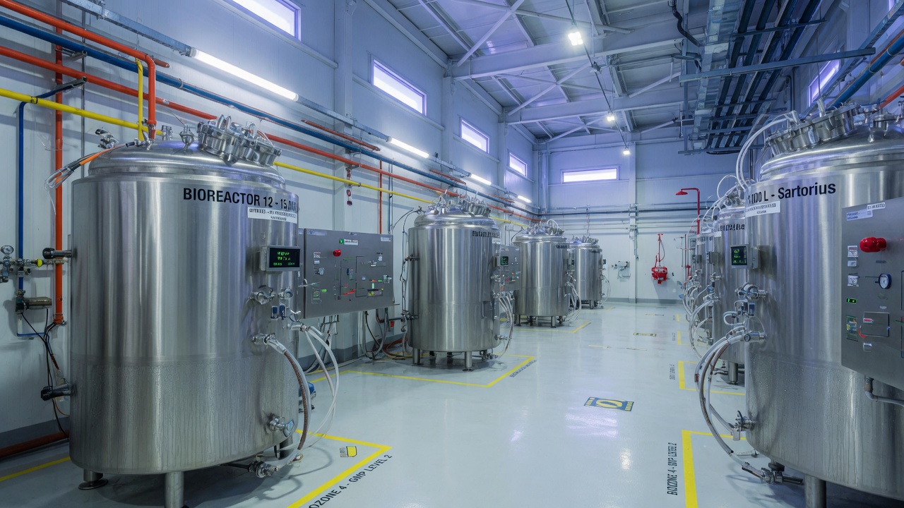 Biomanufacturing clean room corridor with cool light