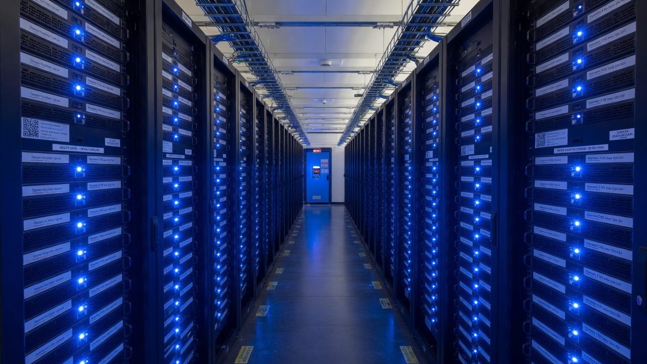 Secure data centre corridor with cool blue light