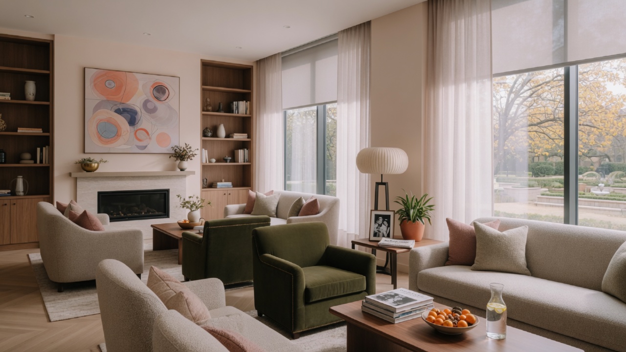 Modern senior living common area with natural light