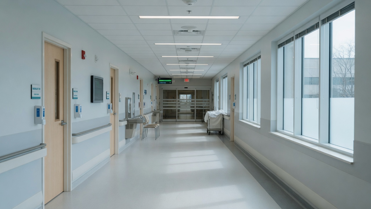 Modern hospital corridor with calm clinical light