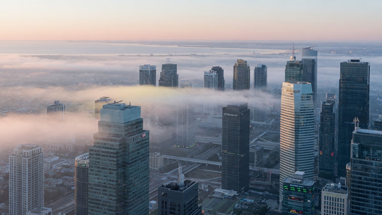 Financial district atmosphere with soft morning light