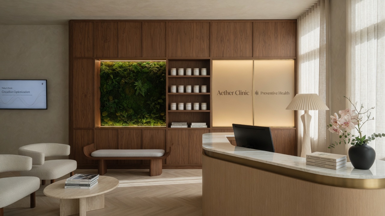 Calm modern clinic reception with soft daylight