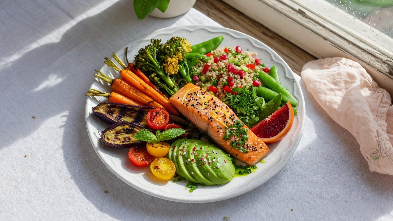 Fresh whole foods arranged for a simple healthy meal
