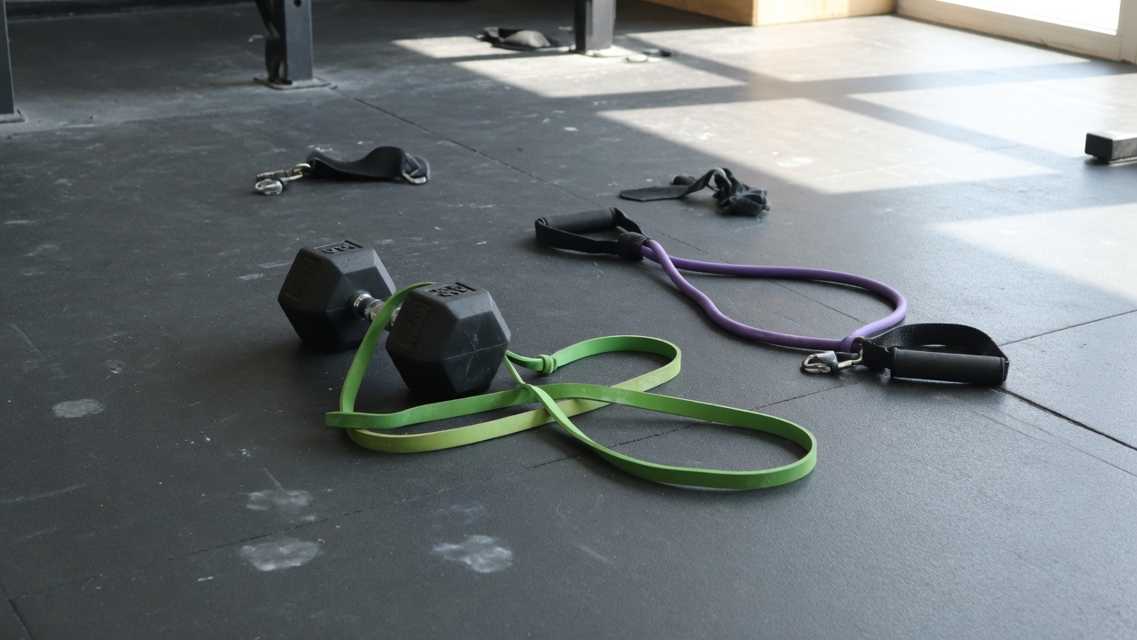 Weights and band on gym floor