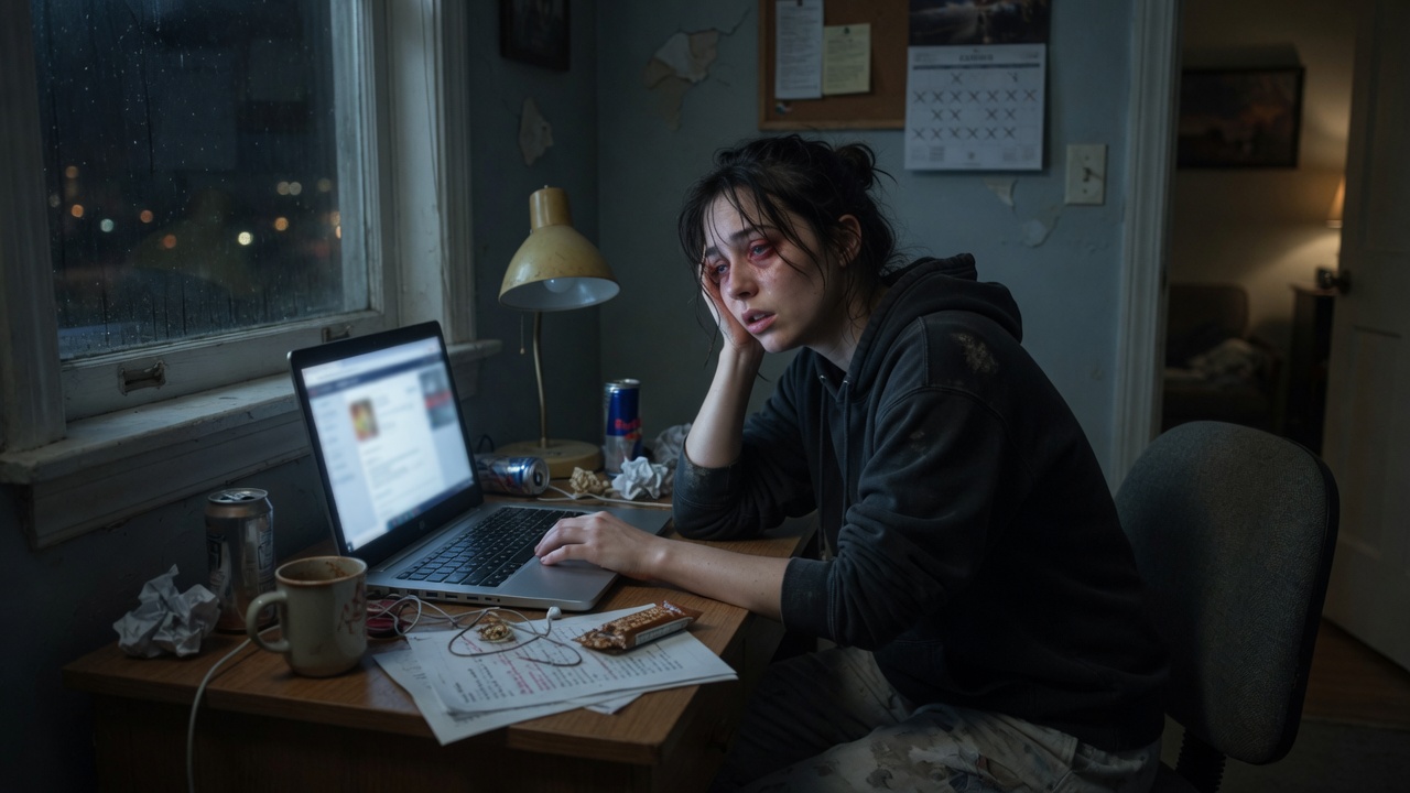 Person drained at a laptop late at night