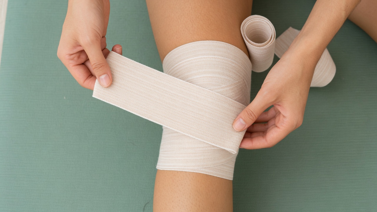 Hands wrapping a knee with soft support