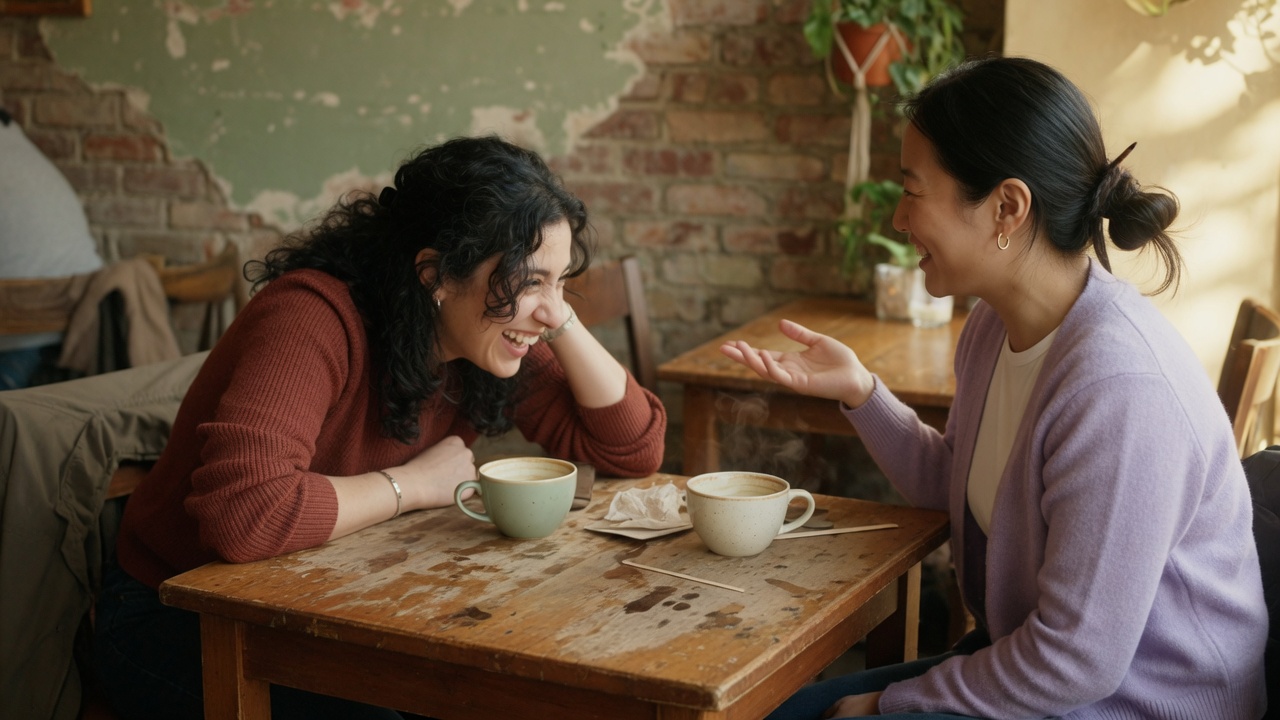 Two people talking over coffee